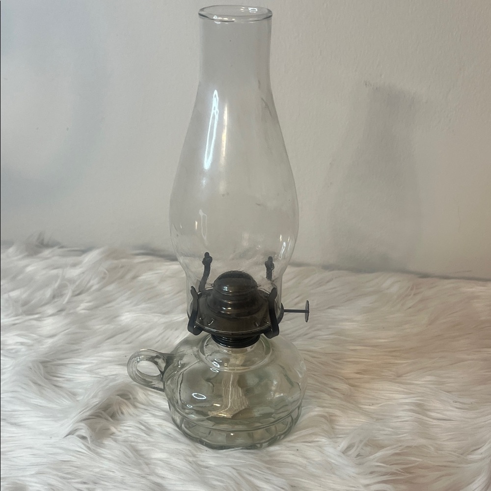 Vintage Glass Oil Lamp with Black Metal Accents